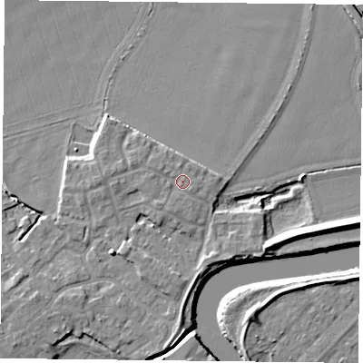 Shaded relief map of the ground around YO83AT, computed from Environment Agency LiDAR. The ground here sits at about 6 m above sea level and falls 7 m across the surrounding 800 m. Surface water reaching this point runs off ground lying to the south-west, 0.8 m higher.