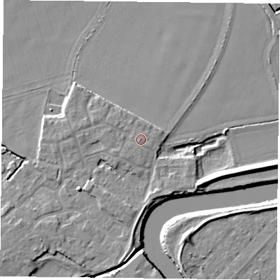 Shaded relief map of the ground around YO83AU, computed from Environment Agency LiDAR. The ground here sits at about 6 m above sea level and falls 7 m across the surrounding 800 m. Surface water reaching this point runs off ground lying to the south-south-west, 0.6 m higher.