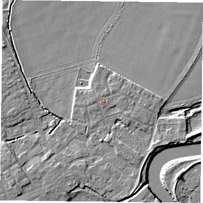 Shaded relief map of the ground around YO83AW, computed from Environment Agency LiDAR. The ground here sits at about 6 m above sea level and falls 7 m across the surrounding 800 m. Surface water reaching this point runs off ground lying to the north-north-west, 0.8 m higher.