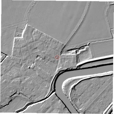 Shaded relief map of the ground around YO83AX, computed from Environment Agency LiDAR. The ground here sits at about 5 m above sea level and falls 7 m across the surrounding 800 m. Surface water reaching this point runs off ground lying to the west-north-west, 1.3 m higher.