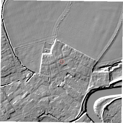 Shaded relief map of the ground around YO83AY, computed from Environment Agency LiDAR. The ground here sits at about 6 m above sea level and falls 7 m across the surrounding 800 m. Surface water reaching this point runs off ground lying to the north-west, 0.7 m higher.