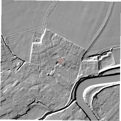 Shaded relief map of the ground around YO83AZ, computed from Environment Agency LiDAR. The ground here sits at about 6 m above sea level and falls 7 m across the surrounding 800 m. Surface water reaching this point runs off ground lying to the south-south-west, 2.4 m higher.