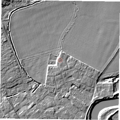 Shaded relief map of the ground around YO83BA, computed from Environment Agency LiDAR. The ground here sits at about 6 m above sea level and falls 7 m across the surrounding 800 m. Surface water reaching this point runs off ground lying to the south, 1.0 m higher.