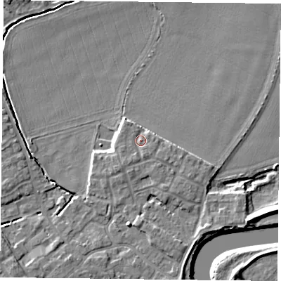 Shaded relief map of the ground around YO83BD, computed from Environment Agency LiDAR. The ground here sits at about 6 m above sea level and falls 7 m across the surrounding 800 m. Surface water reaching this point runs off ground lying to the south-west, 1.3 m higher.