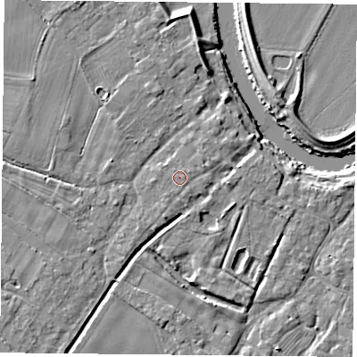Shaded relief map of the ground around YO83BE, computed from Environment Agency LiDAR. The ground here sits at about 8 m above sea level and falls 7 m across the surrounding 800 m. The ground contributing surface water to this point lies to the south-east.