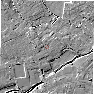 Shaded relief map of the ground around YO83BH, computed from Environment Agency LiDAR. The ground here sits at about 6 m above sea level and falls 6 m across the surrounding 800 m. Surface water reaching this point runs off ground lying to the west-north-west, 1.4 m higher.