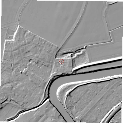 Shaded relief map of the ground around YO83ED, computed from Environment Agency LiDAR. The ground here sits at about 5 m above sea level and falls 7 m across the surrounding 800 m. Surface water reaching this point runs off ground lying to the south, 2.8 m higher.