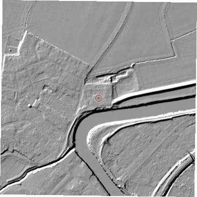 Shaded relief map of the ground around YO83EH, computed from Environment Agency LiDAR. The ground here sits at about 6 m above sea level and falls 7 m across the surrounding 800 m. Surface water reaching this point runs off ground lying to the south-south-west, 1.6 m higher.