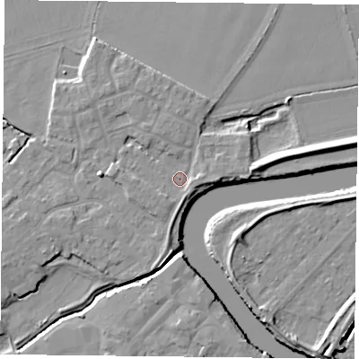 Shaded relief map of the ground around YO83EL, computed from Environment Agency LiDAR. The ground here sits at about 5 m above sea level and falls 7 m across the surrounding 800 m. Surface water reaching this point runs off ground lying to the east, 1.7 m higher.