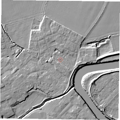 Shaded relief map of the ground around YO83ES, computed from Environment Agency LiDAR. The ground here sits at about 5 m above sea level and falls 7 m across the surrounding 800 m. Surface water reaching this point runs off ground lying to the south-east, 1.5 m higher.