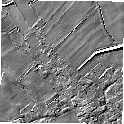 Shaded relief map of the ground around YO83FR, computed from Environment Agency LiDAR. The ground here sits at about 7 m above sea level and falls 6 m across the surrounding 800 m. Surface water reaching this point runs off ground lying to the north-east, 0.8 m higher.