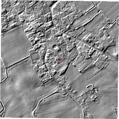 Shaded relief map of the ground around YO83FS, computed from Environment Agency LiDAR. The ground here sits at about 6 m above sea level and falls 4 m across the surrounding 800 m. Surface water reaching this point runs off ground lying to the north-west, 1.0 m higher.