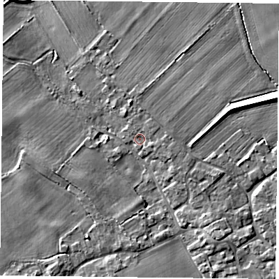 Shaded relief map of the ground around YO83FT, computed from Environment Agency LiDAR. The ground here sits at about 6 m above sea level and falls 6 m across the surrounding 800 m. Surface water reaching this point runs off ground lying to the north-east, 2.3 m higher.