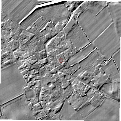 Shaded relief map of the ground around YO83FW, computed from Environment Agency LiDAR. The ground here sits at about 6 m above sea level and falls 5 m across the surrounding 800 m. Surface water reaching this point runs off ground lying to the north-west, 0.6 m higher.