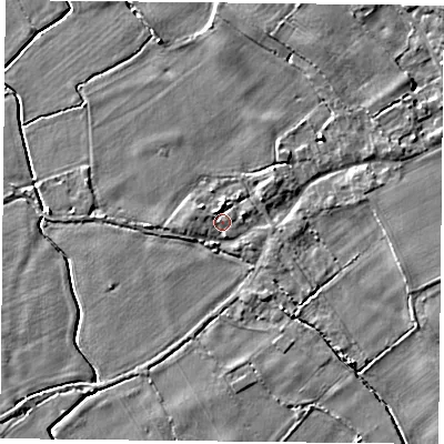 Shaded relief map of the ground around YO83FY, computed from Environment Agency LiDAR. The ground here sits at about 6 m above sea level and falls 4 m across the surrounding 800 m. Surface water reaching this point runs off ground lying to the west-north-west, 0.7 m higher.