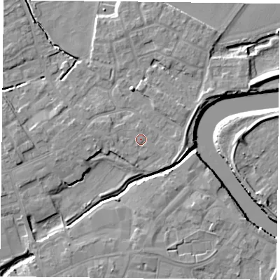 Shaded relief map of the ground around YO83FZ, computed from Environment Agency LiDAR. The ground here sits at about 6 m above sea level and falls 7 m across the surrounding 800 m. Surface water reaching this point runs off ground lying to the north, 0.6 m higher.