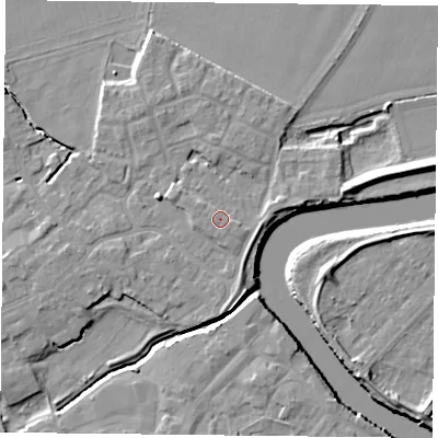 Shaded relief map of the ground around YO83GA, computed from Environment Agency LiDAR. The ground here sits at about 6 m above sea level and falls 7 m across the surrounding 800 m. The ground contributing surface water to this point lies to the south-south-east.