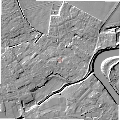 Shaded relief map of the ground around YO83GB, computed from Environment Agency LiDAR. The ground here sits at about 5 m above sea level and falls 7 m across the surrounding 800 m. Surface water reaching this point runs off ground lying to the west, 1.5 m higher.