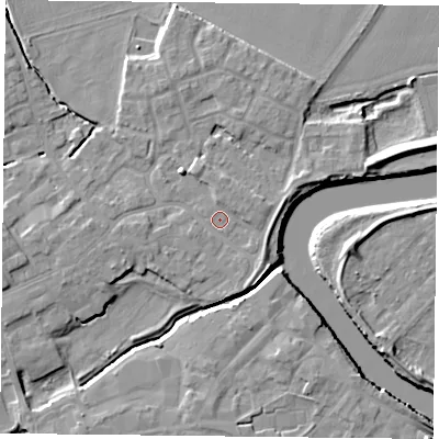 Shaded relief map of the ground around YO83GD, computed from Environment Agency LiDAR. The ground here sits at about 5 m above sea level and falls 7 m across the surrounding 800 m. Surface water reaching this point runs off ground lying to the south-east, 1.6 m higher.