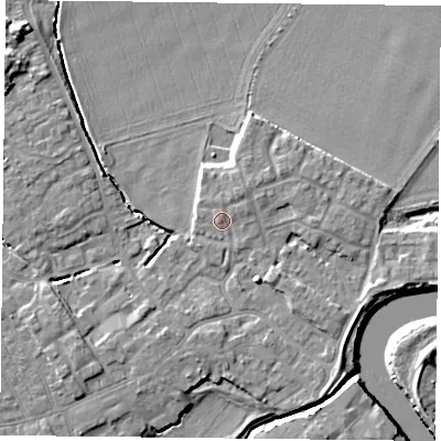 Shaded relief map of the ground around YO83GE, computed from Environment Agency LiDAR. The ground here sits at about 5 m above sea level and falls 7 m across the surrounding 800 m. Surface water reaching this point runs off ground lying to the north-east, 1.4 m higher.