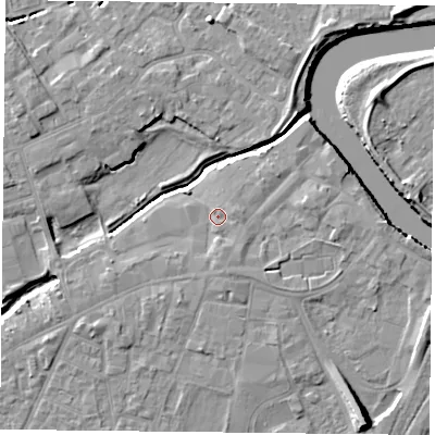 Shaded relief map of the ground around YO83GH, computed from Environment Agency LiDAR. The ground here sits at about 6 m above sea level and falls 10 m across the surrounding 800 m. Surface water reaching this point runs off ground lying to the east-north-east, 1.2 m higher.