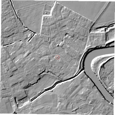 Shaded relief map of the ground around YO83JT, computed from Environment Agency LiDAR. The ground here sits at about 5 m above sea level and falls 7 m across the surrounding 800 m. Surface water reaching this point runs off ground lying to the east-south-east, 1.9 m higher.