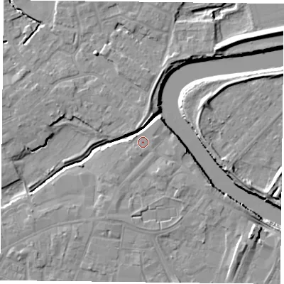 Shaded relief map of the ground around YO83JX, computed from Environment Agency LiDAR. The ground here sits at about 6 m above sea level and falls 8 m across the surrounding 800 m. Surface water reaching this point runs off ground lying to the south-west, 1.7 m higher.