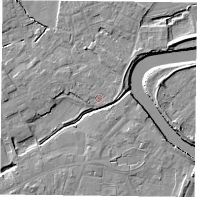 Shaded relief map of the ground around YO83JY, computed from Environment Agency LiDAR. The ground here sits at about 5 m above sea level and falls 8 m across the surrounding 800 m. Surface water reaching this point runs off ground lying to the north-north-west, 0.8 m higher.
