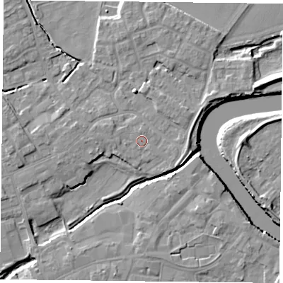 Shaded relief map of the ground around YO83JZ, computed from Environment Agency LiDAR. The ground here sits at about 6 m above sea level and falls 7 m across the surrounding 800 m. Surface water reaching this point runs off ground lying to the north, 0.6 m higher.