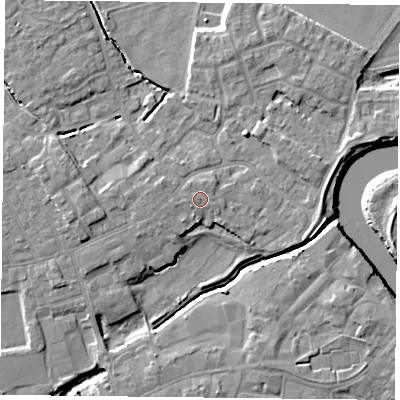 Shaded relief map of the ground around YO83LD, computed from Environment Agency LiDAR. The ground here sits at about 6 m above sea level and falls 6 m across the surrounding 800 m. Surface water reaching this point runs off ground lying to the south-west, 1.0 m higher.