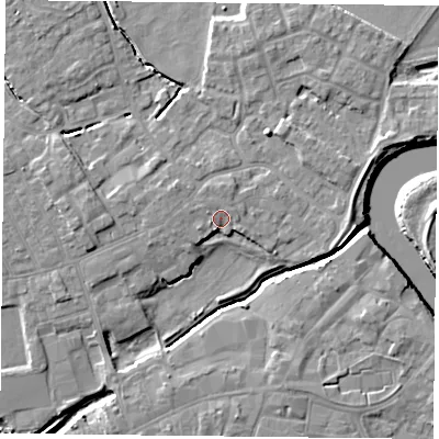 Shaded relief map of the ground around YO83LF, computed from Environment Agency LiDAR. The ground here sits at about 6 m above sea level and falls 7 m across the surrounding 800 m. Surface water reaching this point runs off ground lying to the west-south-west, 2.3 m higher.