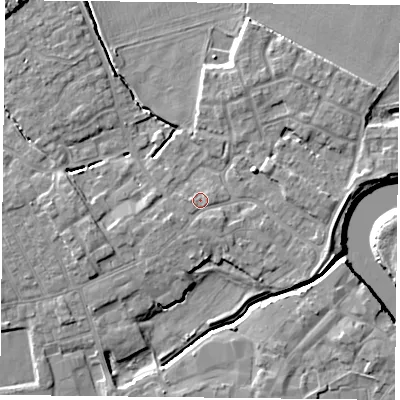 Shaded relief map of the ground around YO83LH, computed from Environment Agency LiDAR. The ground here sits at about 5 m above sea level and falls 7 m across the surrounding 800 m. Surface water reaching this point runs off ground lying to the west-south-west, 1.3 m higher.