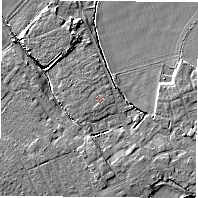 Shaded relief map of the ground around YO83LJ, computed from Environment Agency LiDAR. The ground here sits at about 6 m above sea level and falls 7 m across the surrounding 800 m. Surface water reaching this point runs off ground lying to the south-south-west, 0.5 m higher.