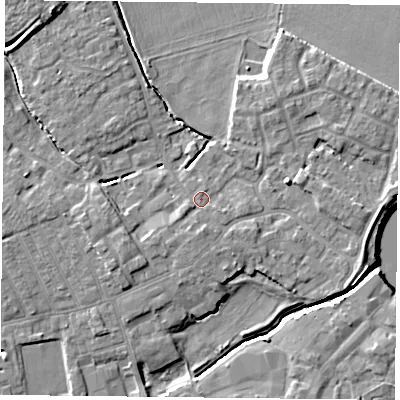 Shaded relief map of the ground around YO83LL, computed from Environment Agency LiDAR. The ground here sits at about 5 m above sea level and falls 7 m across the surrounding 800 m. Surface water reaching this point runs off ground lying to the south, 1.4 m higher.
