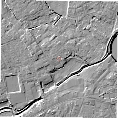 Shaded relief map of the ground around YO83LQ, computed from Environment Agency LiDAR. The ground here sits at about 6 m above sea level and falls 6 m across the surrounding 800 m. Surface water reaching this point runs off ground lying to the north, 0.6 m higher.