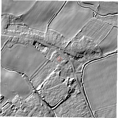 Shaded relief map of the ground around YO83LR, computed from Environment Agency LiDAR. The ground here sits at about 5 m above sea level and falls 7 m across the surrounding 800 m. Surface water reaching this point runs off ground lying to the west-south-west, 0.9 m higher.