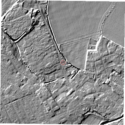 Shaded relief map of the ground around YO83LS, computed from Environment Agency LiDAR. The ground here sits at about 5 m above sea level and falls 7 m across the surrounding 800 m. Surface water reaching this point runs off ground lying to the south-south-west, 5.0 m higher.