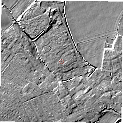 Shaded relief map of the ground around YO83LT, computed from Environment Agency LiDAR. The ground here sits at about 6 m above sea level and falls 7 m across the surrounding 800 m. Surface water reaching this point runs off ground lying to the east-south-east, 0.5 m higher.