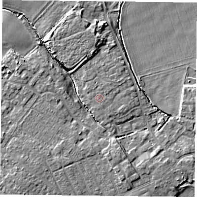 Shaded relief map of the ground around YO83LU, computed from Environment Agency LiDAR. The ground here sits at about 6 m above sea level and falls 7 m across the surrounding 800 m. Surface water reaching this point runs off ground lying to the north-east, 0.7 m higher.