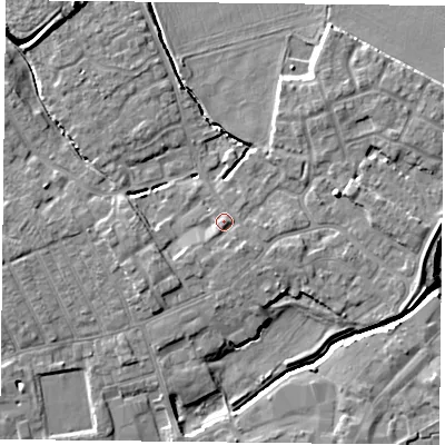 Shaded relief map of the ground around YO83LW, computed from Environment Agency LiDAR. The ground here sits at about 6 m above sea level and falls 7 m across the surrounding 800 m. Surface water reaching this point runs off ground lying to the south-east, 1.4 m higher.