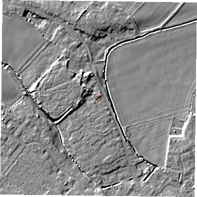 Shaded relief map of the ground around YO83LX, computed from Environment Agency LiDAR. The ground here sits at about 5 m above sea level and falls 7 m across the surrounding 800 m. Surface water reaching this point runs off ground lying to the west-south-west, 4.0 m higher.