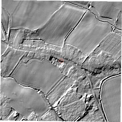 Shaded relief map of the ground around YO83LZ, computed from Environment Agency LiDAR. The ground here sits at about 5 m above sea level and falls 7 m across the surrounding 800 m. Surface water reaching this point runs off ground lying to the west-north-west, 3.1 m higher.