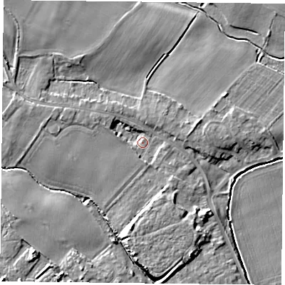 Shaded relief map of the ground around YO83NA, computed from Environment Agency LiDAR. The ground here sits at about 4 m above sea level and falls 7 m across the surrounding 800 m. Surface water reaching this point runs off ground lying to the south-south-west, 1.4 m higher.