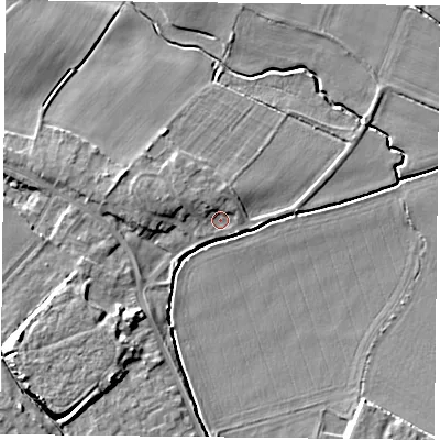 Shaded relief map of the ground around YO83NB, computed from Environment Agency LiDAR. The ground here sits at about 3 m above sea level and falls 8 m across the surrounding 800 m. Surface water reaching this point runs off ground lying to the west-north-west, 2.7 m higher.