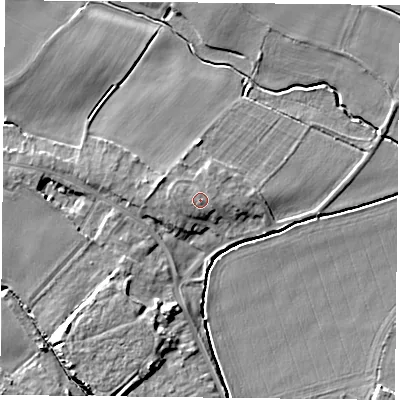Shaded relief map of the ground around YO83ND, computed from Environment Agency LiDAR. The ground here sits at about 6 m above sea level and falls 7 m across the surrounding 800 m. Surface water reaching this point runs off ground lying to the west, 0.6 m higher.