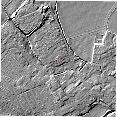 Shaded relief map of the ground around YO83NE, computed from Environment Agency LiDAR. The ground here sits at about 6 m above sea level and falls 7 m across the surrounding 800 m. Surface water reaching this point runs off ground lying to the south-west, 0.7 m higher.
