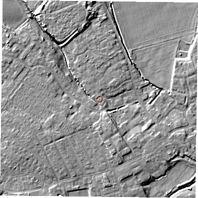 Shaded relief map of the ground around YO83NF, computed from Environment Agency LiDAR. The ground here sits at about 5 m above sea level and falls 7 m across the surrounding 800 m. Surface water reaching this point runs off ground lying to the south-west, 1.3 m higher.
