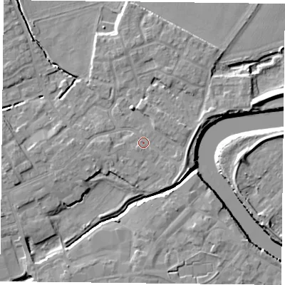 Shaded relief map of the ground around YO83NG, computed from Environment Agency LiDAR. The ground here sits at about 5 m above sea level and falls 7 m across the surrounding 800 m. Surface water reaching this point runs off ground lying to the east-south-east, 1.8 m higher.