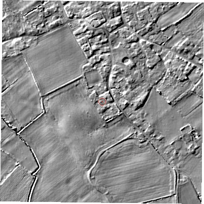 Shaded relief map of the ground around YO83PN, computed from Environment Agency LiDAR. The ground here sits at about 6 m above sea level and falls 5 m across the surrounding 800 m. Surface water reaching this point runs off ground lying to the south-west, 0.7 m higher.