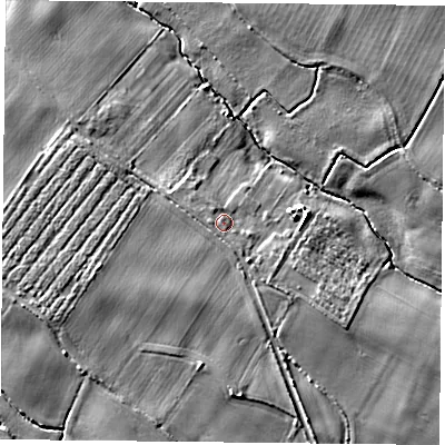 Shaded relief map of the ground around YO83QS, computed from Environment Agency LiDAR. The ground here sits at about 6 m above sea level and falls 6 m across the surrounding 800 m. Surface water reaching this point runs off ground lying to the west, 1.8 m higher.